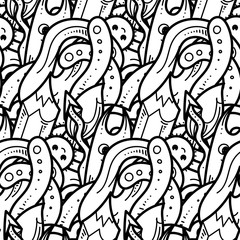 Seamless vector pattern with cute cartoon monsters and beasts. Nice for packaging, wrapping paper, coloring pages, wallpaper, fabric, fashion, home decor, prints etc