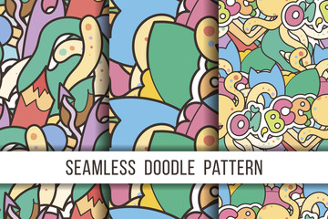 Collection of funny doodle monsters seamless pattern for prints, designs and coloring books