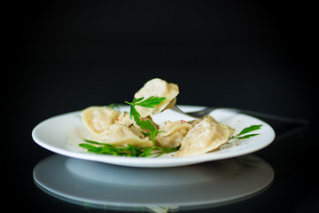 boiled dumplings with meat and spices in a plate
