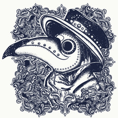 Plague doctor portrait. Vector tattoo. Medieval gothic venetian mask