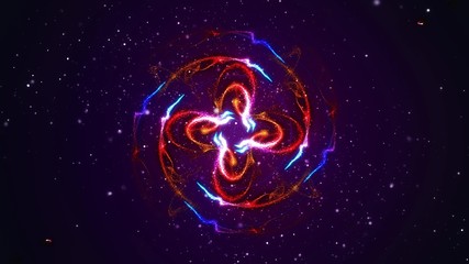 Obraz na płótnie Canvas Abstract shining particle flower circle patterns 3D illustration. Vibrant fireworks light symmetric glowing patterns flow in waves. Colorful motion graphics overlay graphic VFX element