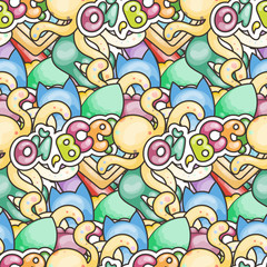 Seamless vector pattern with cute cartoon monsters and beasts. Nice for packaging, wrapping paper, coloring pages, wallpaper, fabric, fashion, home decor, prints etc