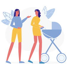 Happy Mothers on Stroll Flat Vector Illustration