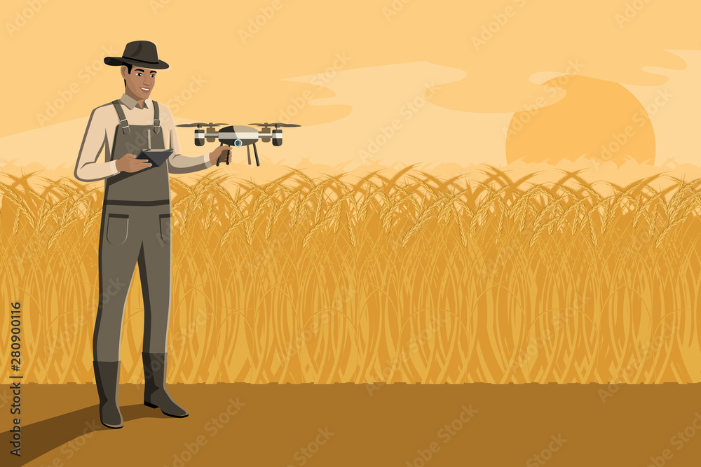 Aufkleber black african american farmer with remote controller control drone on a wheat field. digital transfo