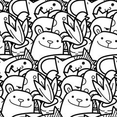 Seamless vector pattern with cute cartoon monsters and beasts. Nice for packaging, wrapping paper, coloring pages, wallpaper, fabric, fashion, home decor, prints etc