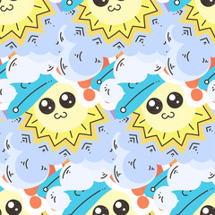 Seamless vector pattern with cute cartoon monsters and beasts. Nice for packaging, wrapping paper, coloring pages, wallpaper, fabric, fashion, home decor, prints etc