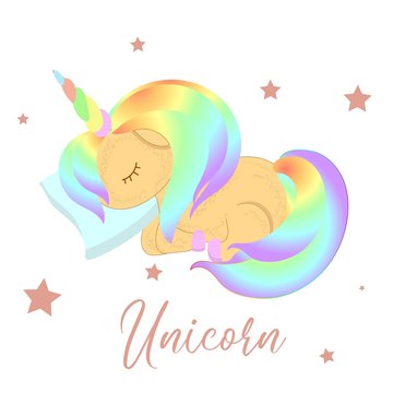 Vector cartoon unicorn. Clipart isolated on white background. Rainbow hair. Dream symbol. Design for children.