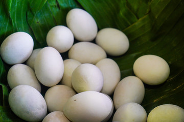 background of fresh eggs for sale at a market. Group of organic free range chicken eggs