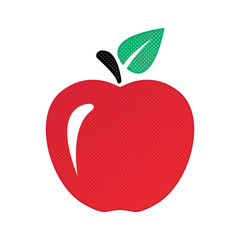 Red apple with a flare, green leaf and dots.