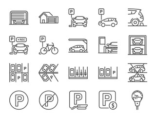 Parking line icon set. Included icons as Garage, Valet servant, Paid parking, recorder, lift, security camera and more. - obrazy, fototapety, plakaty