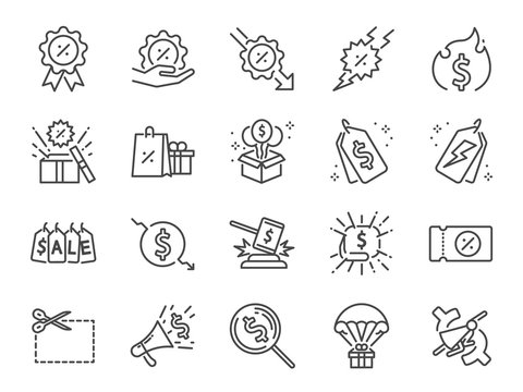Discount line icon set. Included icons as Sale, Shopping, percent, promotion, badge, clearance and more.