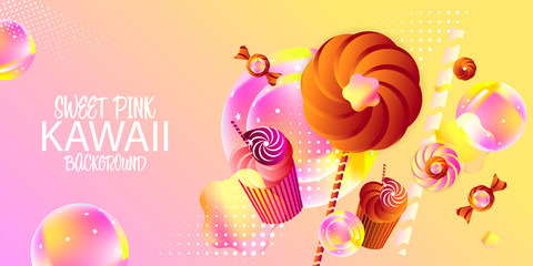 Illustrations of sweet food background with rainbow mesh. Kawaii banner in princess color