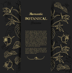 luxury gold roses isolated on black background. background with flowers and leaves surrounded by a frame in a minimalist style. contemporary art, background, design, invitation