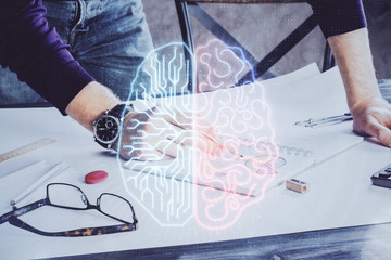 Man with multi exposure brain theme icons.