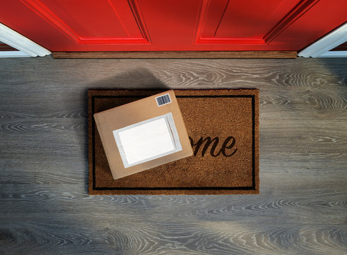 Delivered outside door, e-commerce purchase on welcome mat. Add your own copy and label