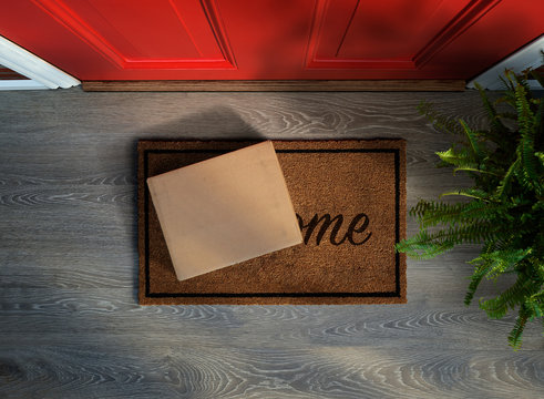 E-commerce purchase delivered to the front door. Overhead view. Add your own label