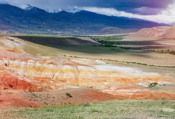 Colorful Mountains of Altai landscape with tops in the snow. Nature of Siberia