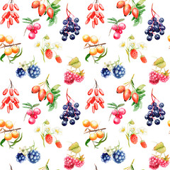 watercolor seamless patterns on the theme of the forest with plants and fruits