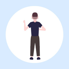 man wearing modern 3d glasses guy experiencing virtual reality through headset vision vr digital technology concept male cartoon character flat rear view full length