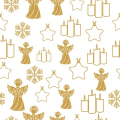 Merry Christmas Gold elements on white background. Seamless graphic pattern made with elements of zentangl and doodle. Wrapping paper illustration