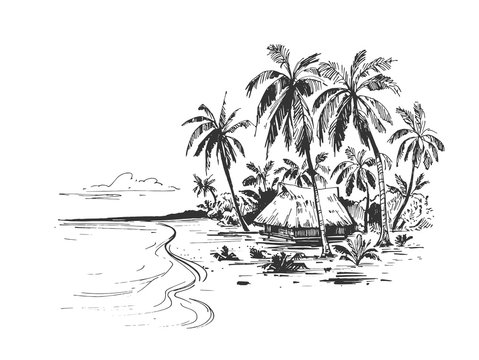 Sketch of a tropical beach with palm trees, bungalows and the sea. Hand drawn illistration converted to vector