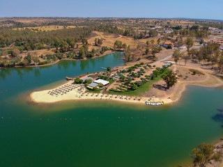 Aerial view from a lake with a beach. Mina de Sao Domingos, Alentejo Portugal
