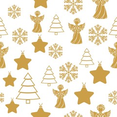 Naklejka na ściany i meble Merry Christmas Gold elements on white background. Seamless graphic pattern made with elements of zentangl and doodle. Wrapping paper illustration
