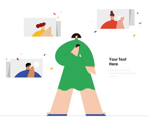 Girl using mobile phone for communication with friend in social network. Flat design style minimal vector illustration. Use in web projects and applications.