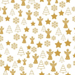 Merry Christmas Gold elements on white background. Seamless graphic pattern made with elements of zentangl and doodle. Wrapping paper illustration
