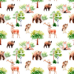 Fototapety  watercolor forest seamless pattern with animals and plants