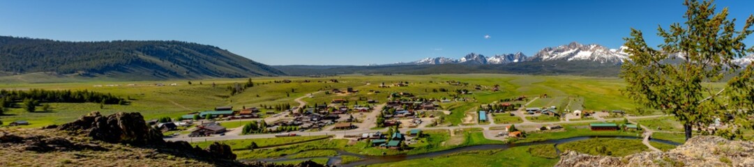 Fototapeta na wymiar Panoramic view from above of the small mountain community of Stanley Idaho