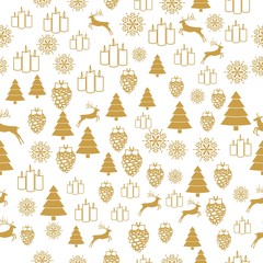 Merry Christmas Gold elements on white background. Seamless graphic pattern made with elements of zentangl and doodle. Wrapping paper illustration