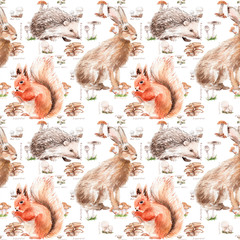 watercolor forest seamless pattern with animals and plants © Toshka