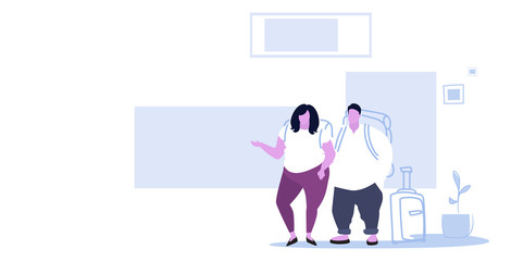 airport passengers overweight fat man woman at waiting hall departure lounge interior over size couple travelers standing with baggage holiday vacation concept sketch horizontal full length