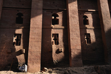 Pilgrims at at monolithic rock-hewn church, Lalibela, Ethiopia. UNESCO World Heritage site.