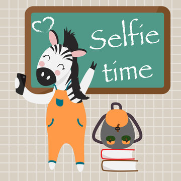 poster selfie time with zebra - vector illustration, eps