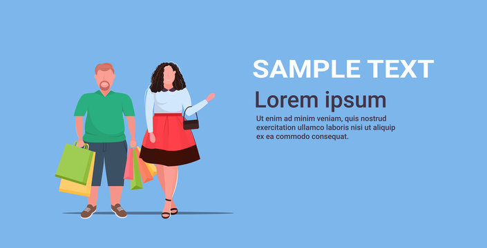 Fat Obese Couple Holding Colorful Paper Bags Overweight Man Woman With Purchases Big Sale Shopping Concept Flat Full Length Horizontal Copy Space