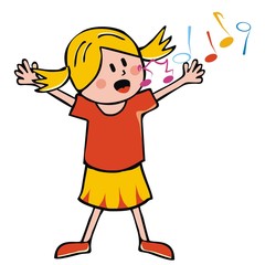 Singing girl and music notes. Funny vector illustration. Single person on white background. Icon for music lessons.