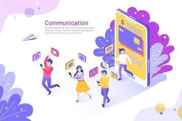 Social media isometric concept. 3D people using mobile phones and communicating. Vector illustration user like share follow and comment set with people in cellphone