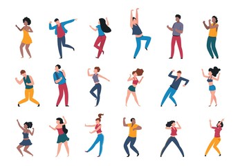 Fototapeta na wymiar Dancing people. Trendy party cartoon crowd, modern young dancing characters, friends couples and happy persons. Vector illustrations club party dance