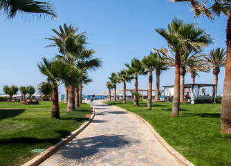 Fototapeta na wymiar Garden at luxury hotel in Malia on Crete, Greece