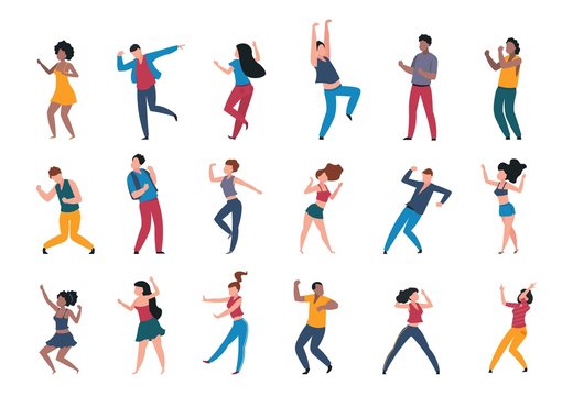 Dancing people. Trendy party cartoon crowd, modern young dancing characters, friends couples and happy persons. Vector illustrations club party dance