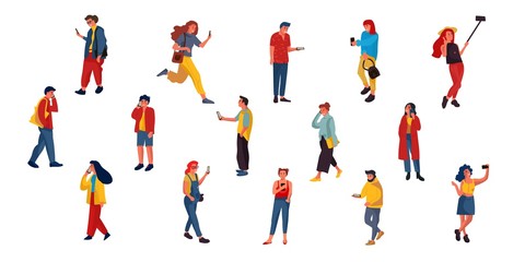 Fototapeta na wymiar People talking on phone. Flat characters texting listening and talking with smartphones. Vector illustrations happy people talking by telephone on white background
