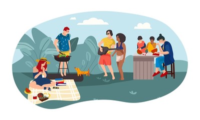 Summer people BBQ. Cartoon parents and children spending time together picnic girl party. Vector illustration friends summer activities outdoors background