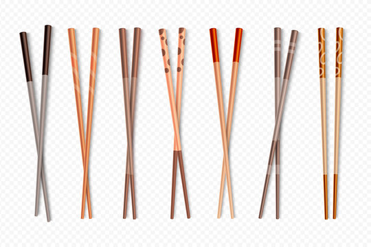 Food chopsticks. Asian bamboo sushi sticks for Chinese and Japanese food, traditional cutlery isolated set. Vector different closeup chop sticks