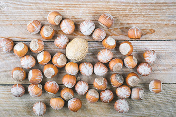 Hazelnut heap on wooden table, selective focus