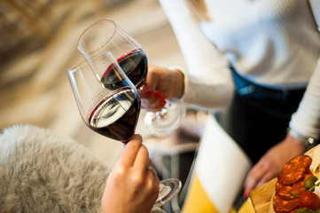 Friends celebrate their birthday at the local winery. Elegant glasses with homemade quality wine