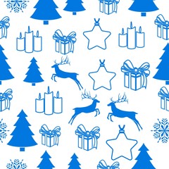 Merry Christmas Blue elements on white background. Seamless graphic pattern made with elements of zentangl and doodle. Wrapping paper illustration
