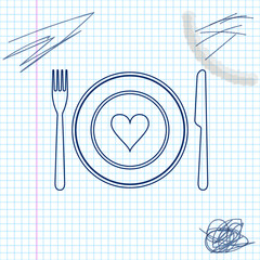 Heart on plate, fork and knife line sketch icon isolated on white background. Happy Valentine's day. Vector Illustration