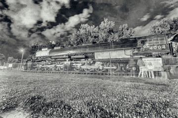 Big Boy Steam Engine 4004 at night in Cheyenne, Wyoming